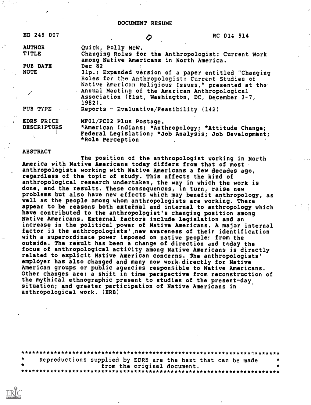 DOCUMENT RESUME ED 249 007 AUTHOR Quick, Polly Mcw. RC