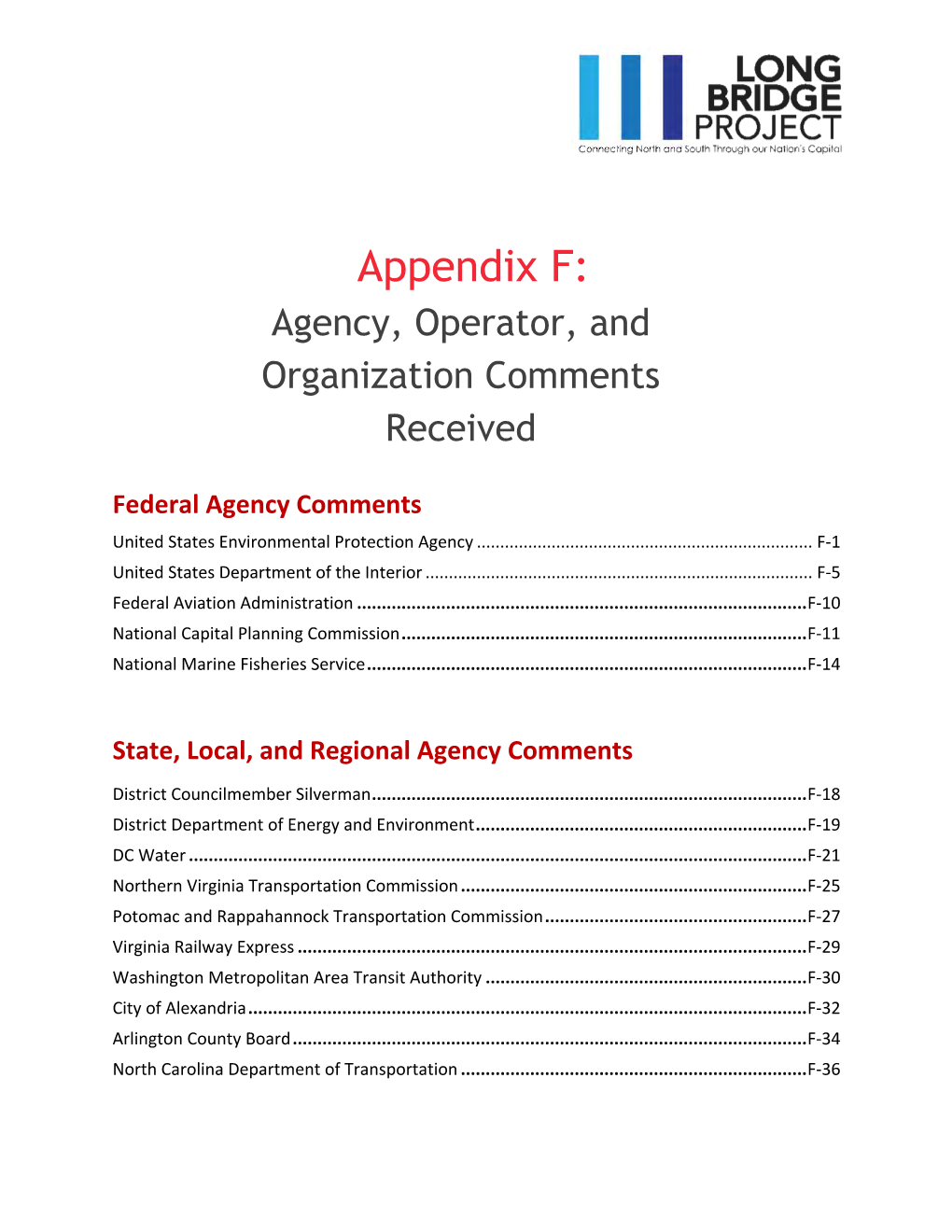 Appendix F: Agency, Operator, and Organization Comments Received