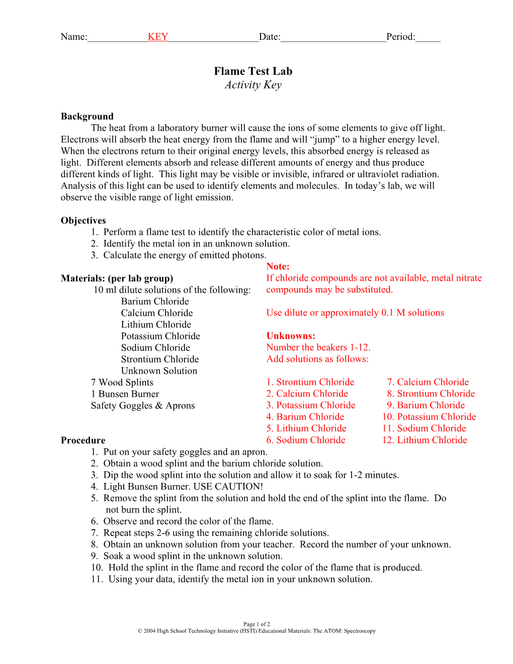 Flame Test Lab Activity Key