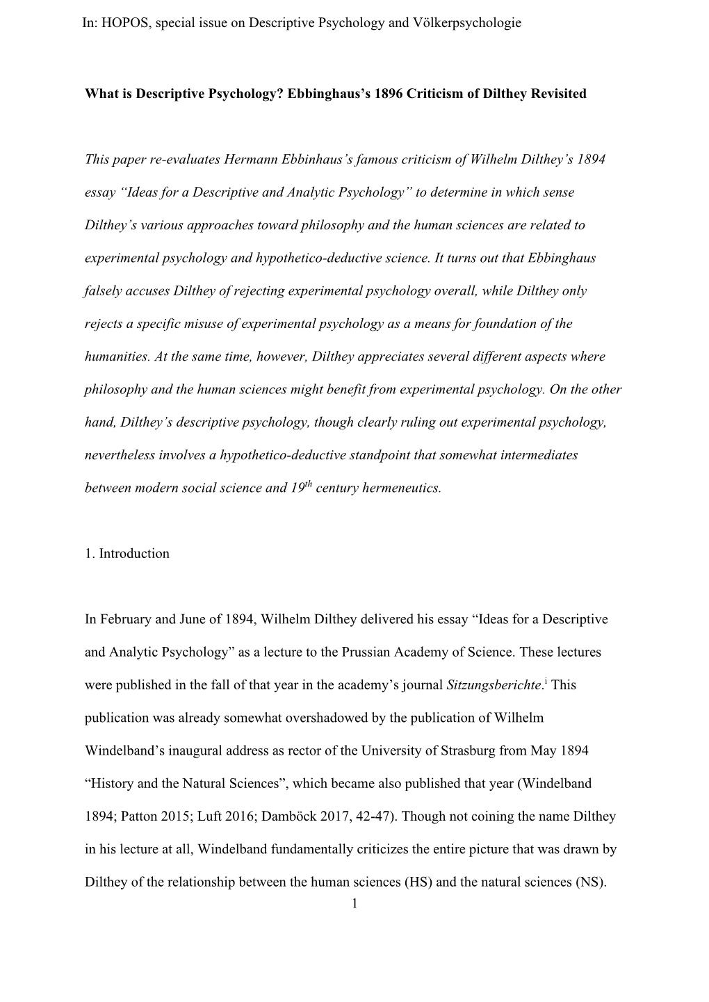 1 What Is Descriptive Psychology? Ebbinghaus's 1896 Criticism of Dilthey Revisited This Paper Re-Evaluates Hermann Ebbinhaus E