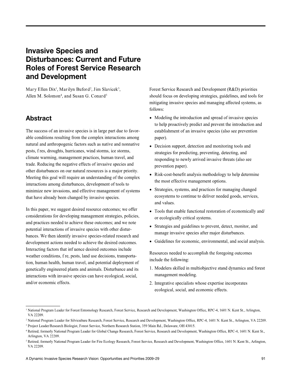 Invasive Species and Disturbances: Current and Future Roles of Forest Service Research and Development