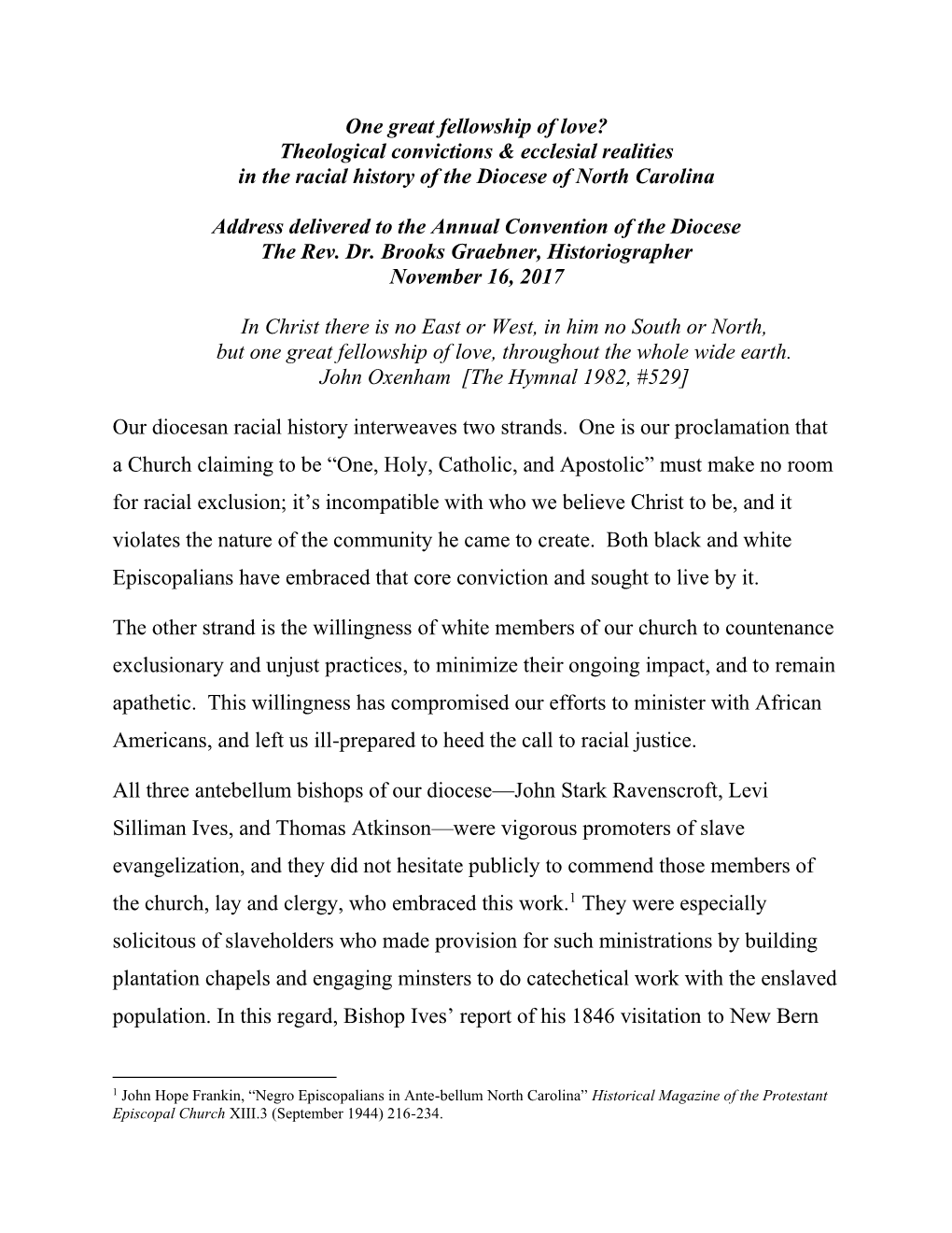 One Great Fellowship of Love? Theological Convictions & Ecclesial Realities in the Racial History of the Diocese of North Carolina