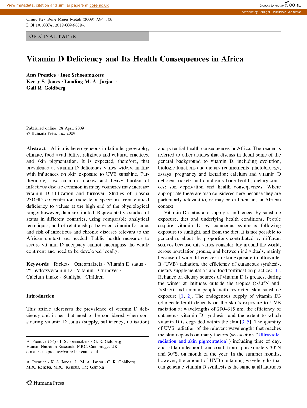 Vitamin D Deficiency and Its Health Consequences in Africa