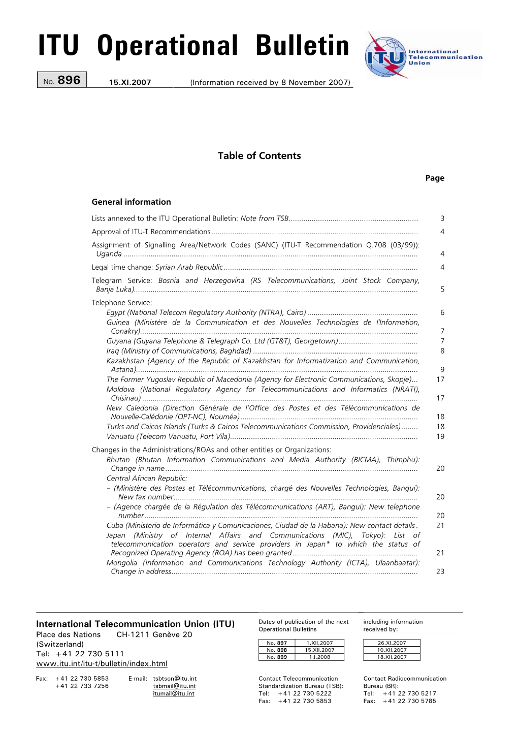 ITU Operational Bulletin No.896 Du 15.XI.2007