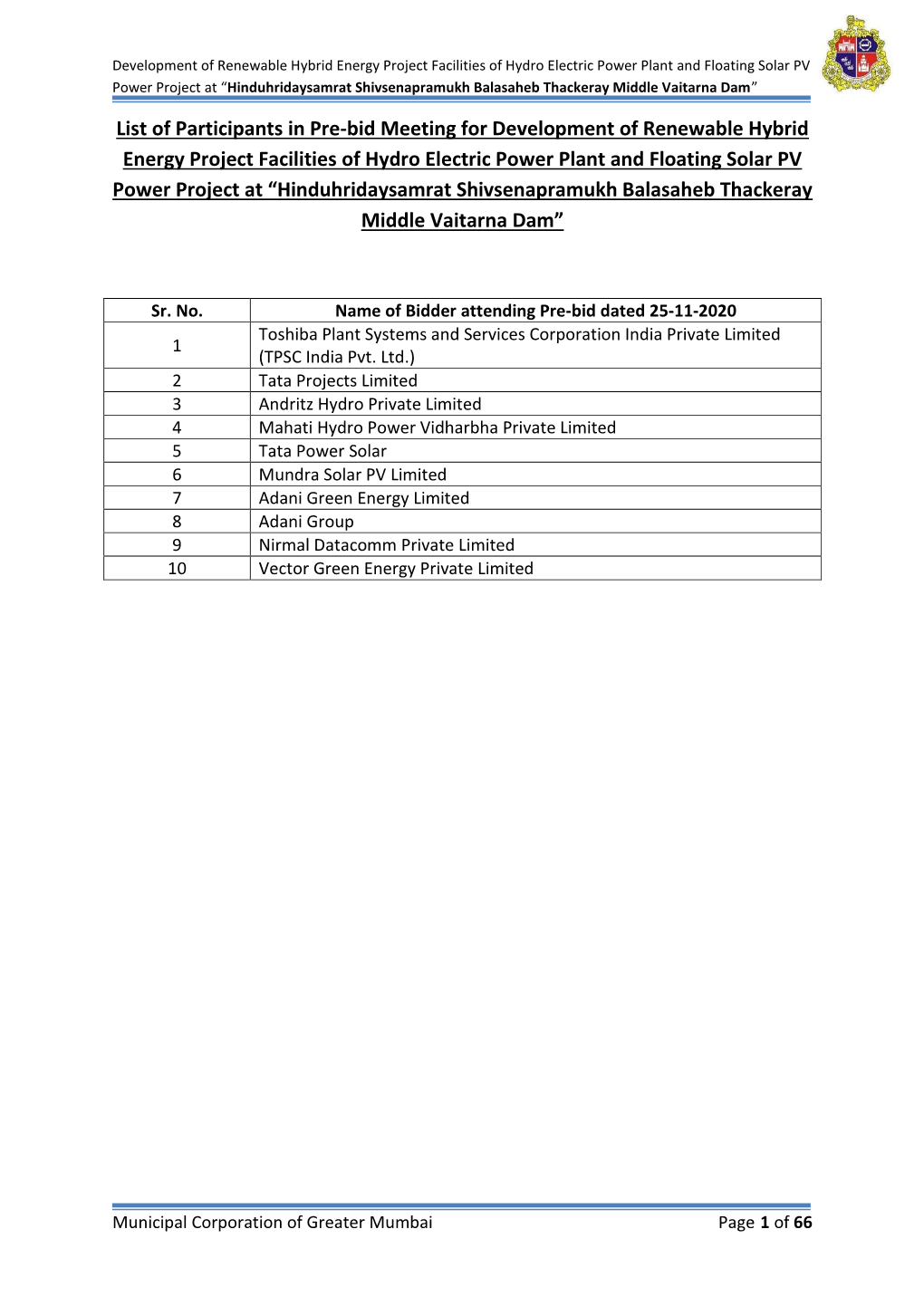 List of Participants in Pre-Bid Meeting for Development of Renewable