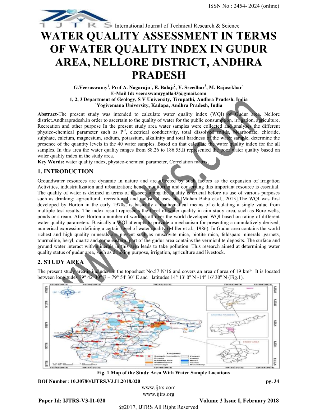 Water Quality Assessment in Terms of Water Quality Index in Gudur Area, Nellore District, Andhra Pradesh