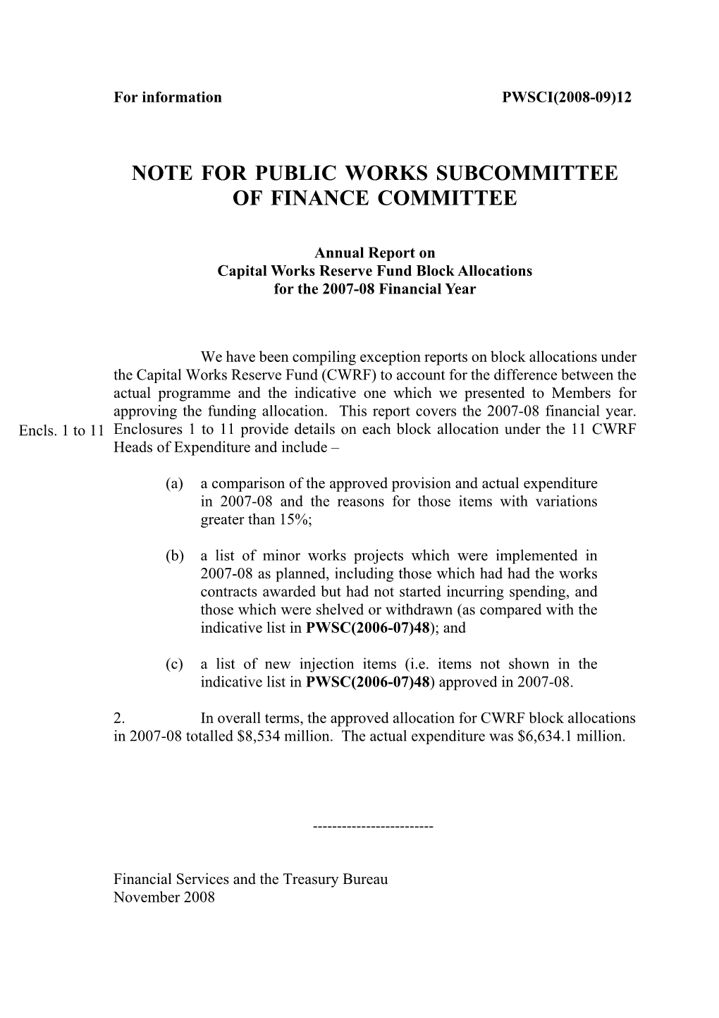 Note for Public Works Subcommittee of Finance Committee