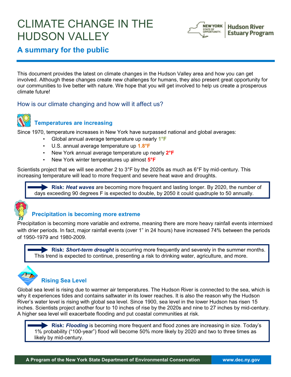 CLIMATE CHANGE in the HUDSON VALLEY a Summary for the Public