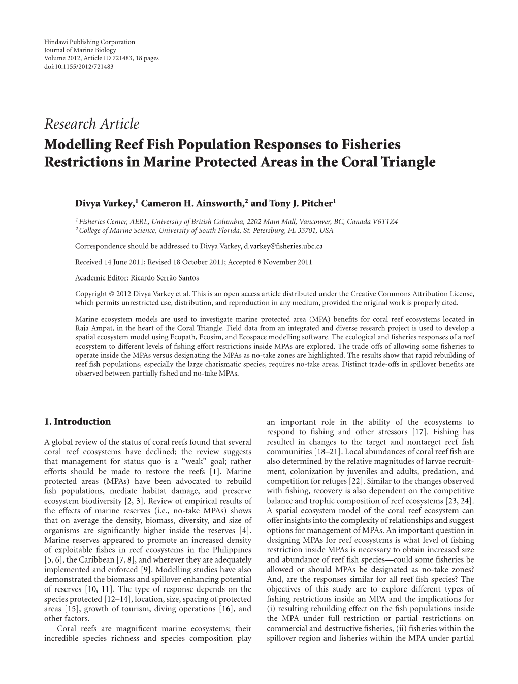 Research Article Modelling Reef Fish Population Responses to Fisheries Restrictions in Marine Protected Areas in the Coral Triangle