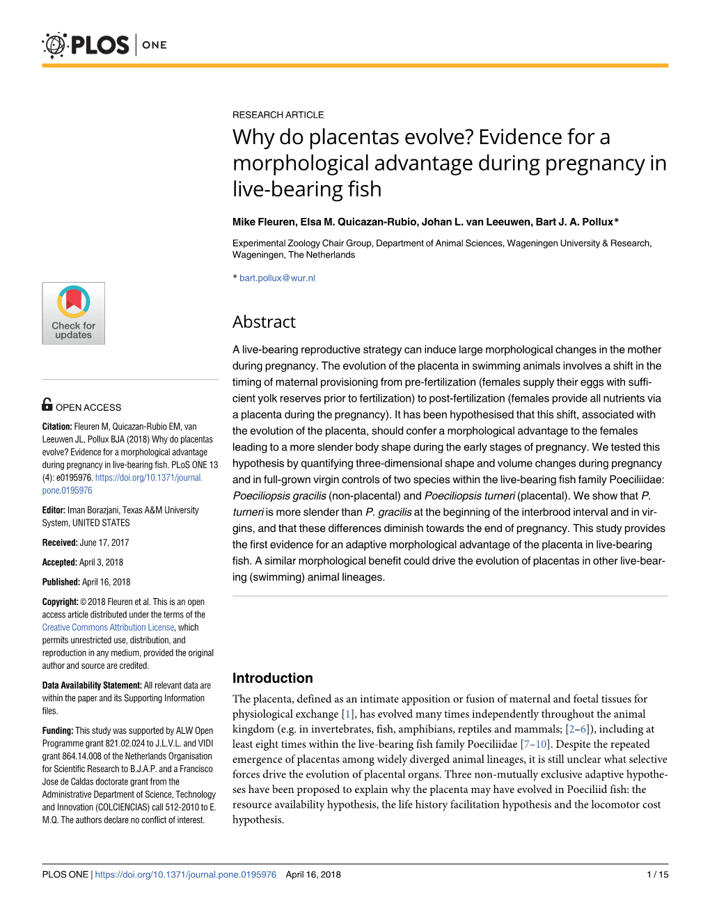 Why Do Placentas Evolve? Evidence for a Morphological Advantage During Pregnancy in Live-Bearing Fish