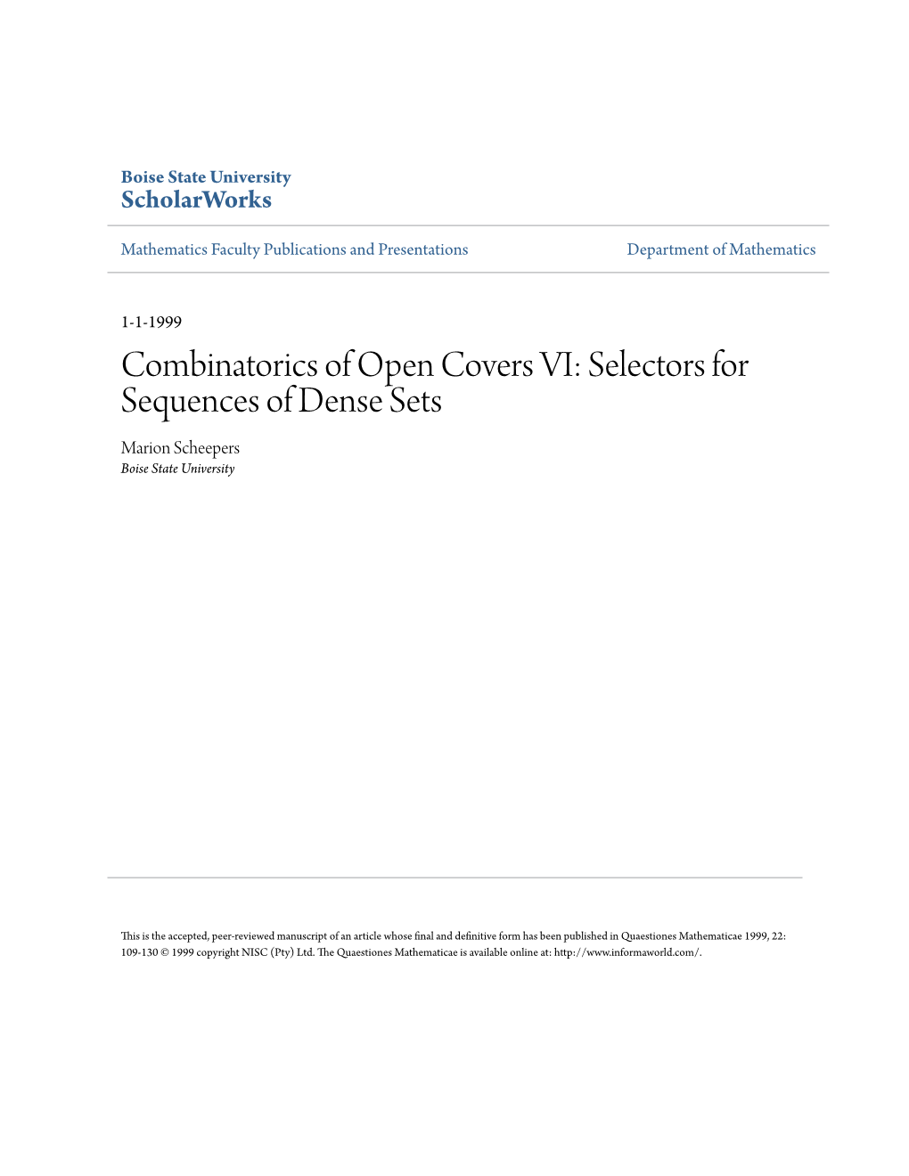 Selectors for Sequences of Dense Sets Marion Scheepers Boise State University