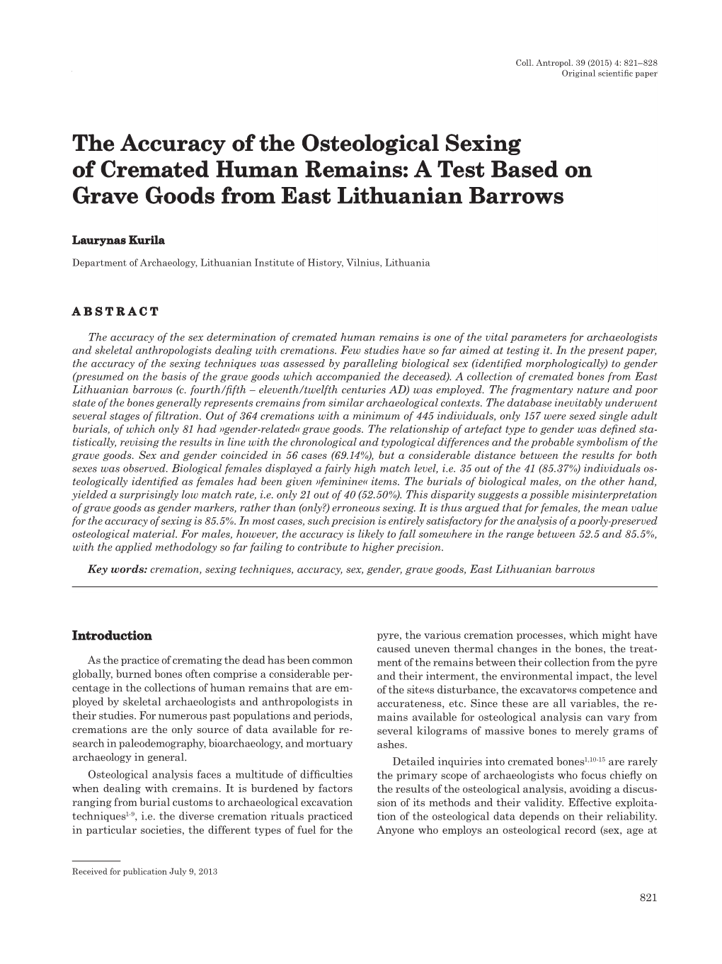 The Accuracy of the Osteological Sexing of Cremated Human Remains: a Test Based on Grave Goods from East Lithuanian Barrows