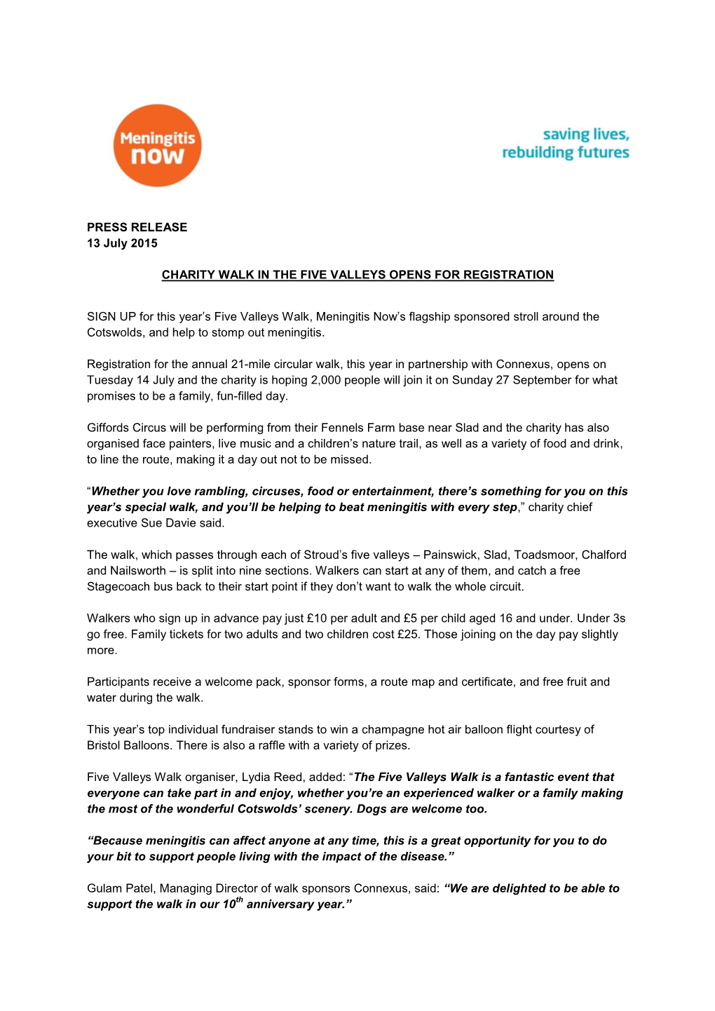 PRESS RELEASE 13 July 2015 CHARITY WALK in the FIVE