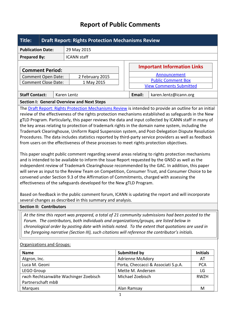 Report of Public Comments