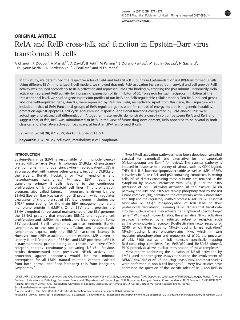 Rela and Relb Cross-Talk and Function in Epstein–Barr Virus Transformed B Cells