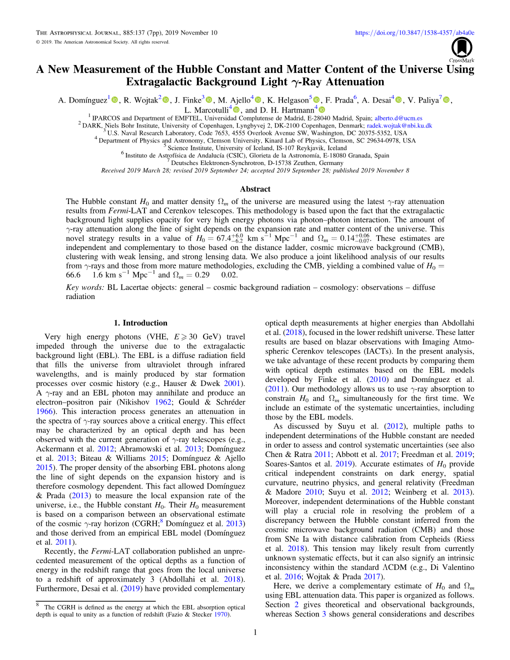 A New Measurement of the Hubble Constant and Matter Content of the Universe Using Extragalactic Background Light Γ-Ray Attenuation