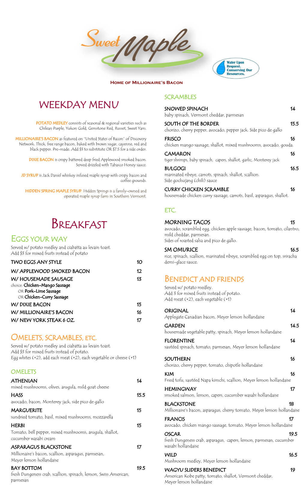 Weekday Menu Breakfast