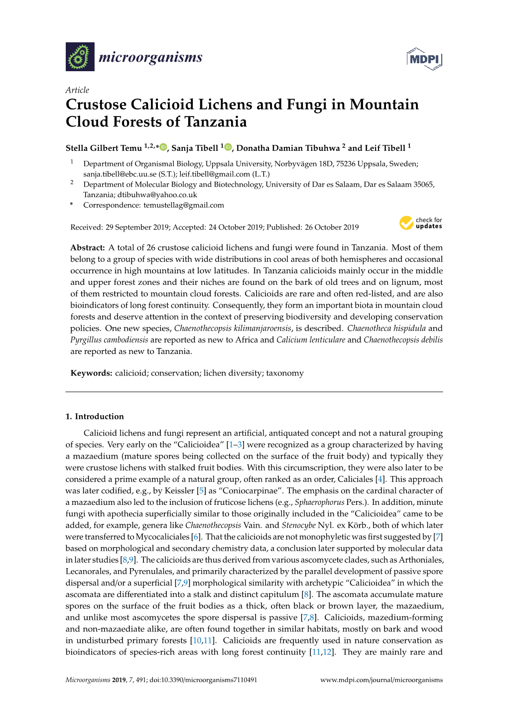 Crustose Calicioid Lichens and Fungi in Mountain Cloud Forests of Tanzania