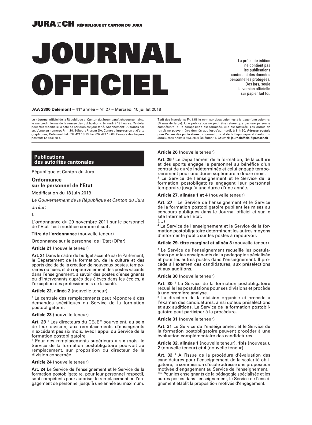 Journal Officiel De La République Et Canton Du Jura » Paraît Chaque Semaine, Tarif Des Insertions : Fr