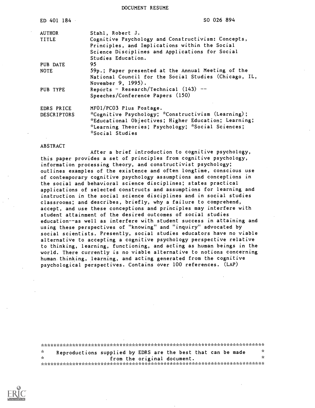 Cognitive Psychology and Constructivism: Concepts, Principles, and Implications Within the Social Science Disciplines and Applications for Social Studies Education