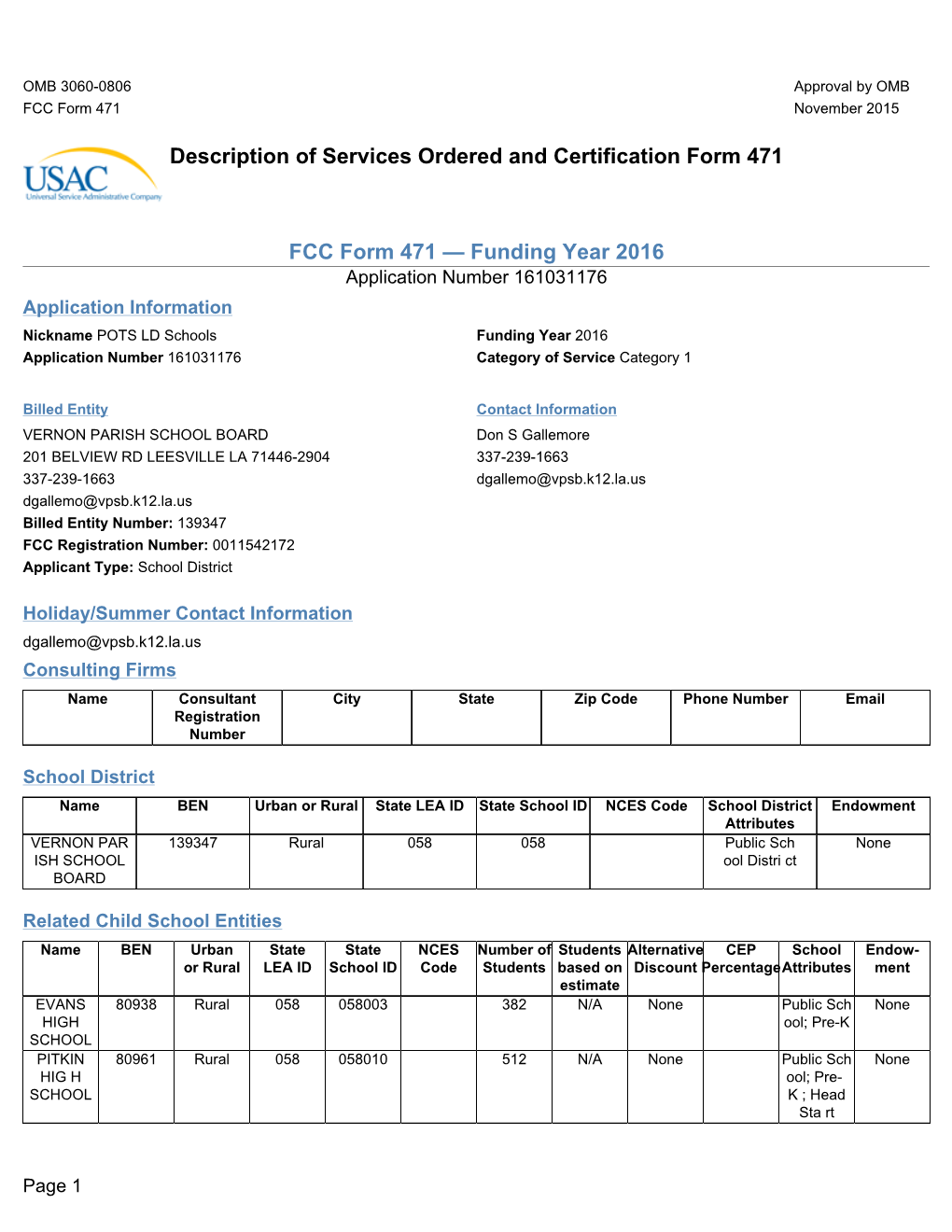 Description of Services Ordered and Certification Form 471 FCC