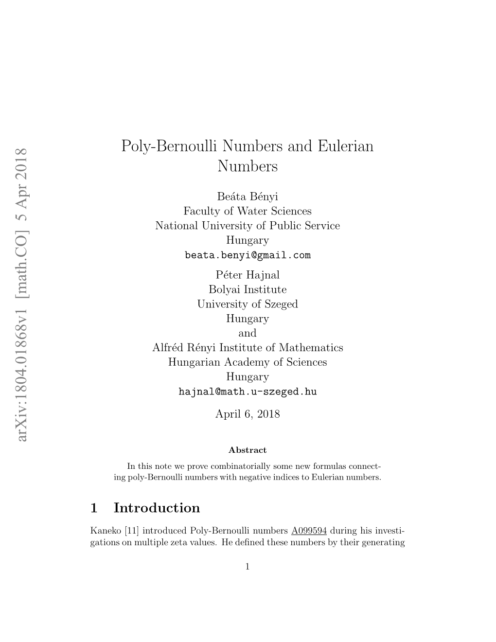 5 Apr 2018 Poly-Bernoulli Numbers and Eulerian Numbers