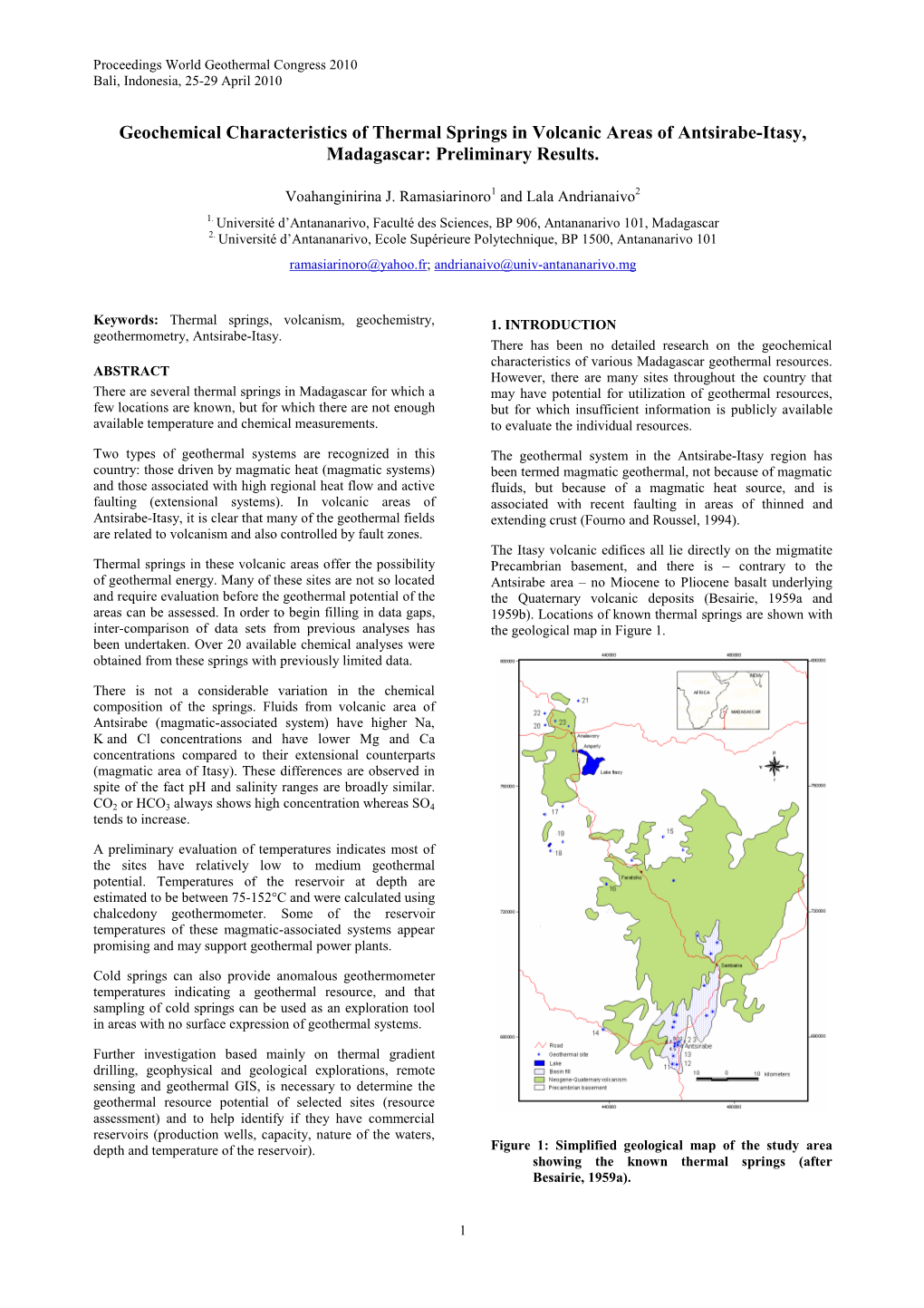 Geochemical Characteristic of Thermal Springs in Volcanic Areas of Antsirabe-Itasy, Madagascar