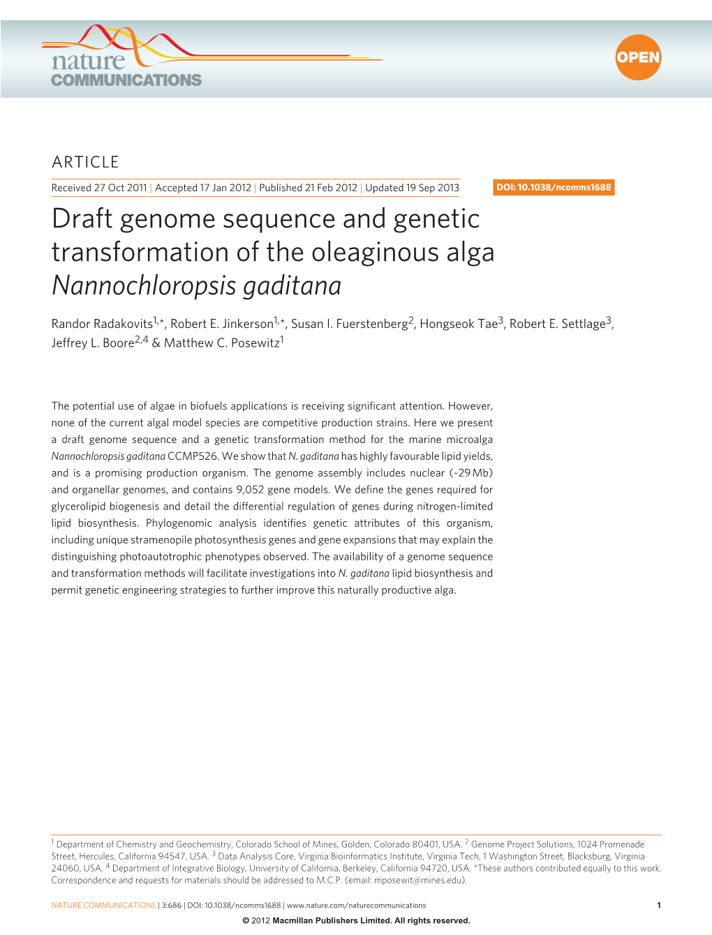 Draft Genome Sequence and Genetic Transformation of the Oleaginous Alga Nannochloropsis Gaditana