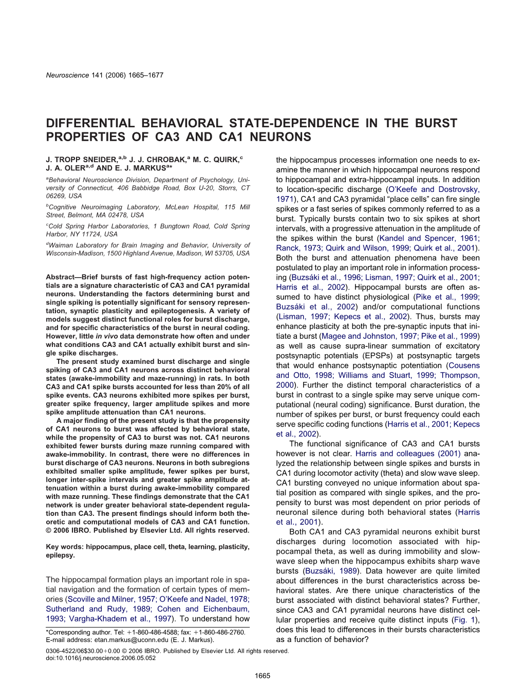 Differential Behavioral State-Dependence in the Burst Properties of Ca3 and Ca1 Neurons