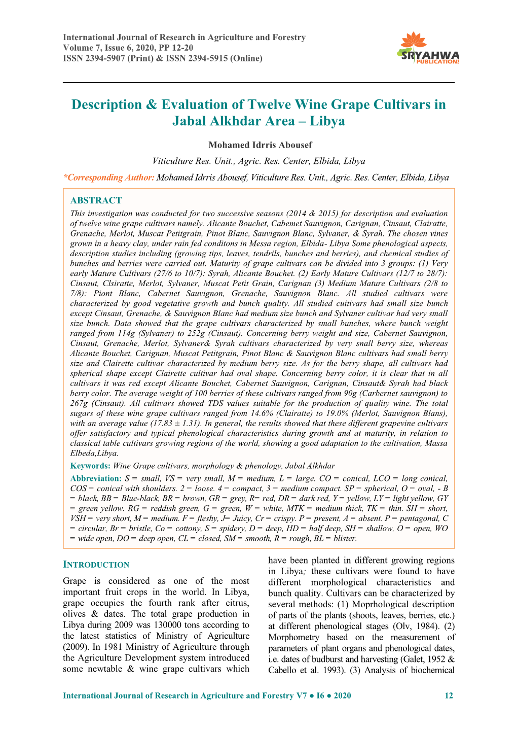 Description & Evaluation of Twelve Wine Grape Cultivars in Jabal