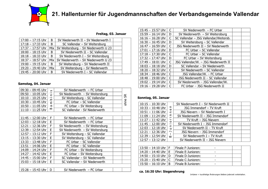 Spielplan VG Turnier