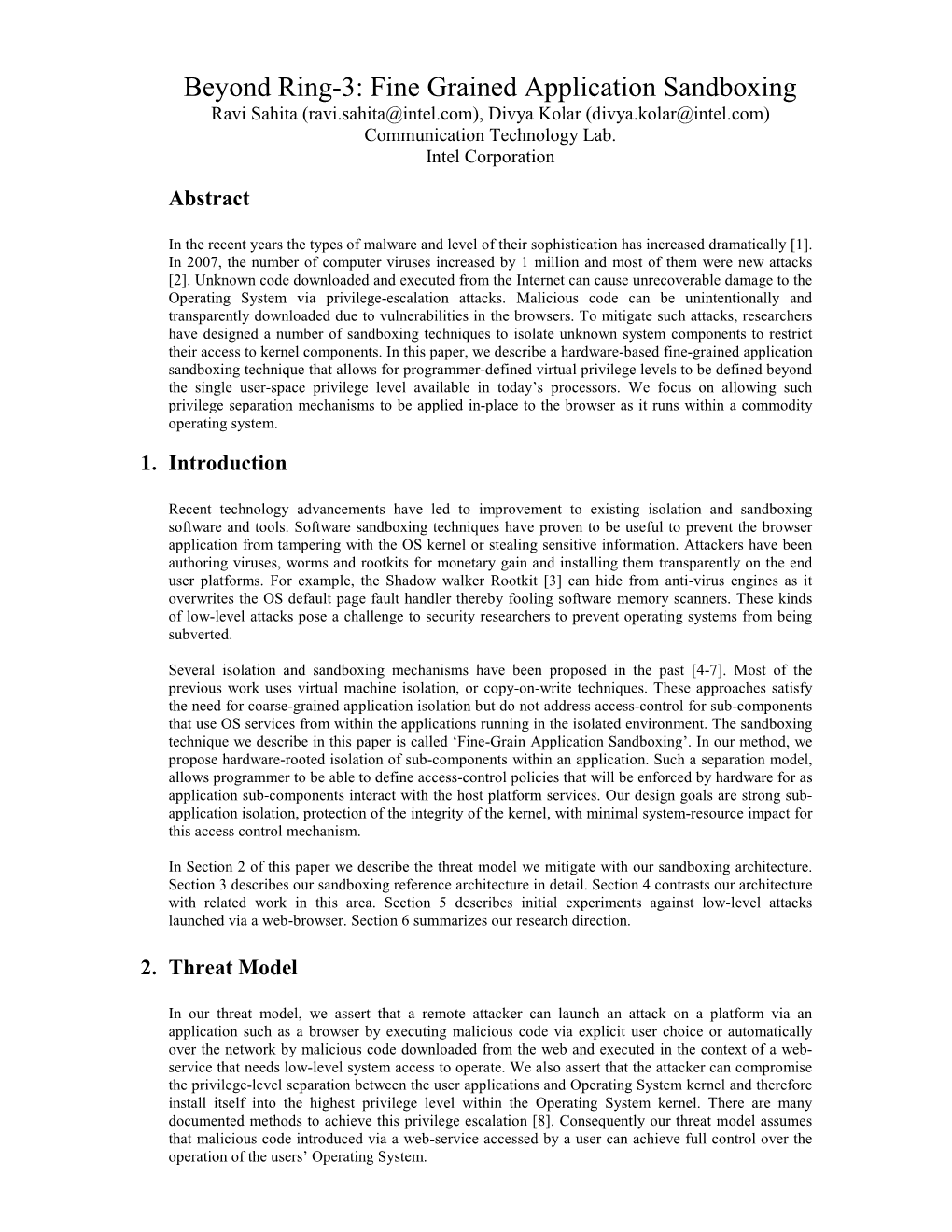 Beyond Ring-3: Fine Grained Application Sandboxing Ravi Sahita (Ravi.Sahita@Intel.Com), Divya Kolar (Divya.Kolar@Intel.Com) Communication Technology Lab