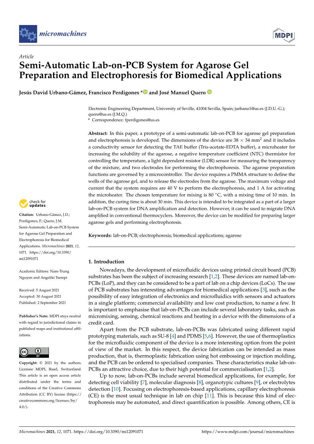 Semi-Automatic Lab-On-PCB System for Agarose Gel Preparation and Electrophoresis for Biomedical Applications