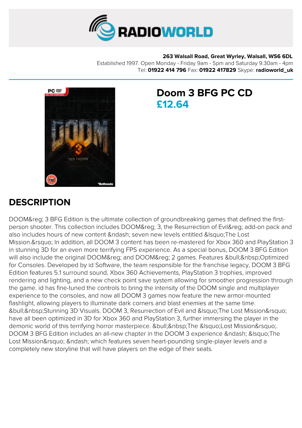 Doom 3 BFG PC CD £12.64