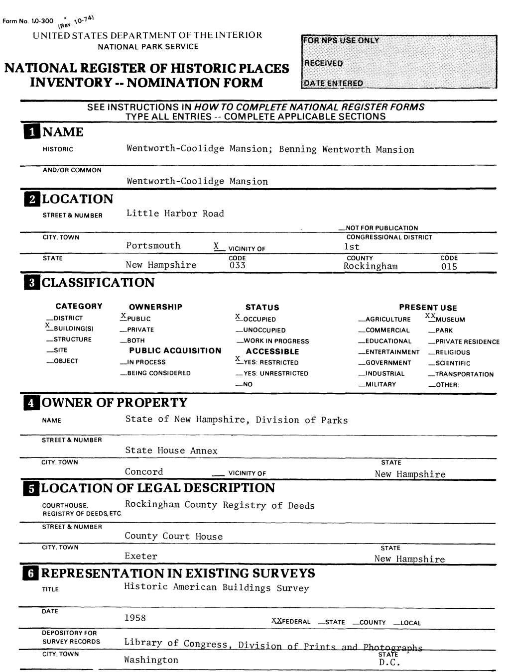 IOWNER of PROPERTY NAME State of New Hampshire, Division of Parks