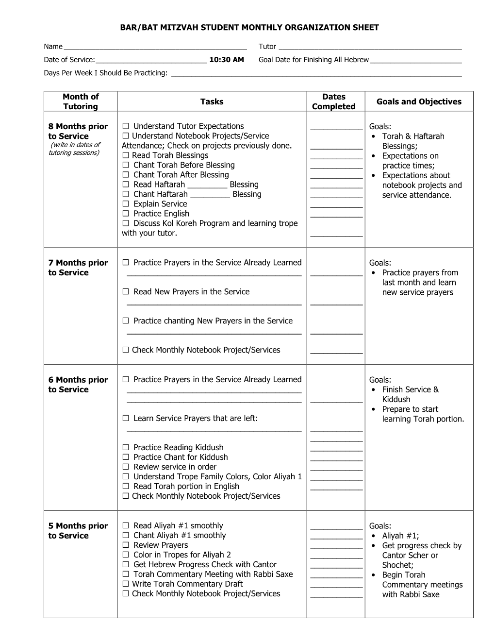 BAR/BAT MITZVAH STUDENT MONTHLY ORGANIZATION SHEET Month of Tutoring Tasks Dates Completed Goals and Objectives 8 Months Prior T