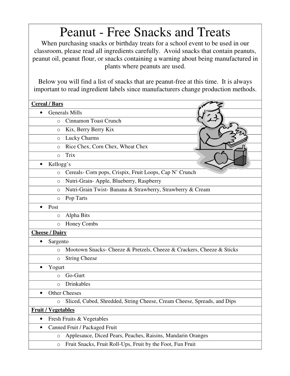 Peanut - Free Snacks and Treats When Purchasing Snacks Or Birthday Treats for a School Event to Be Used in Our Classroom, Please Read All Ingredients Carefully