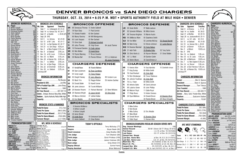 DENVER BRONCOS Vs. SAN DIEGO CHARGERS THURSDAY, OCT