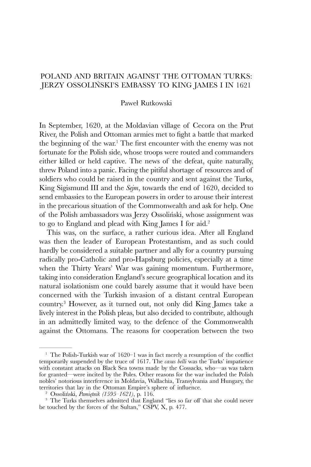 Poland and Britain Against the Ottoman Turks: Jerzy Ossoli^Nski’S Embassy to King James I in 1621
