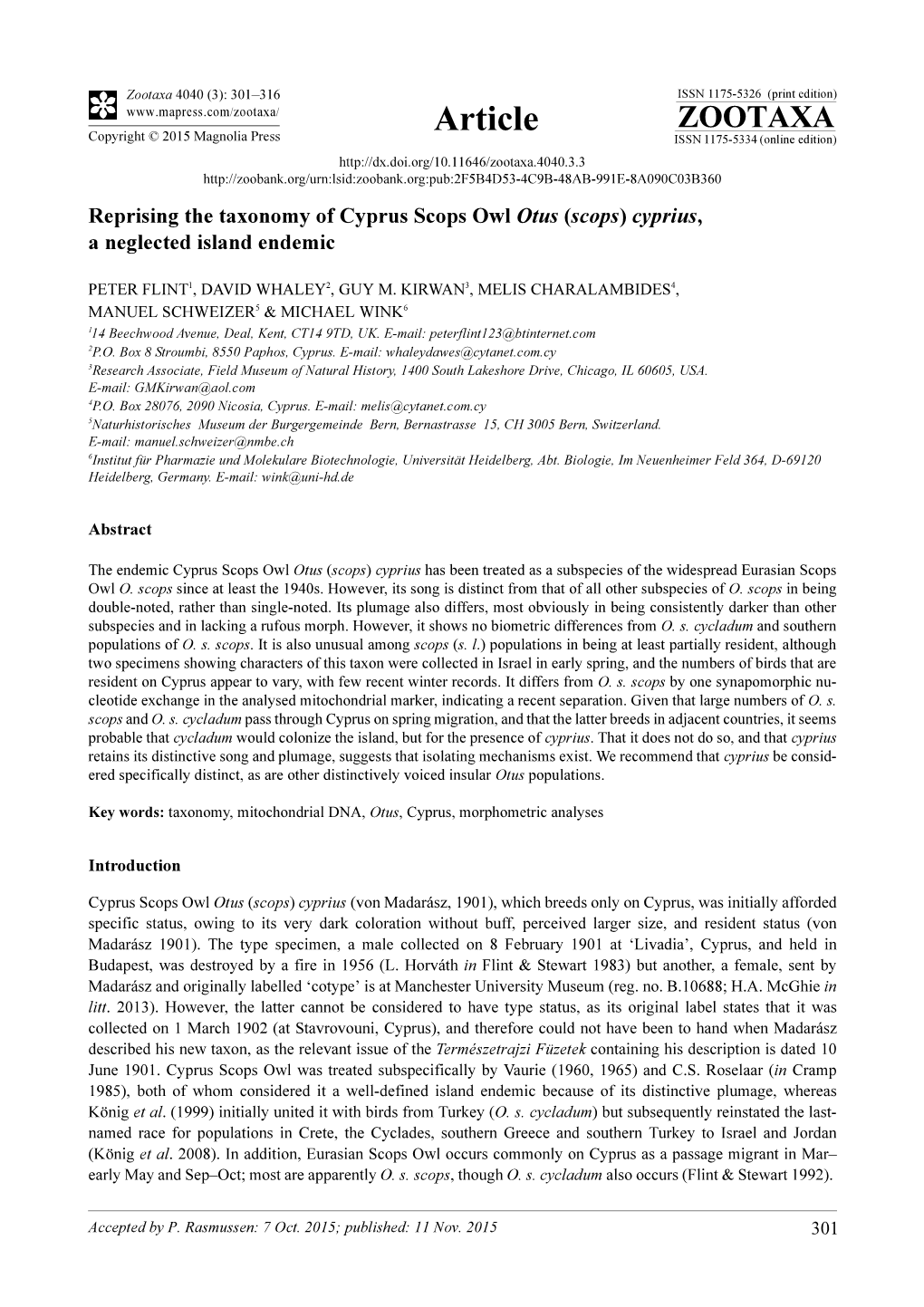 Reprising the Taxonomy of Cyprus Scops Owl Otus (Scops) Cyprius, a Neglected Island Endemic