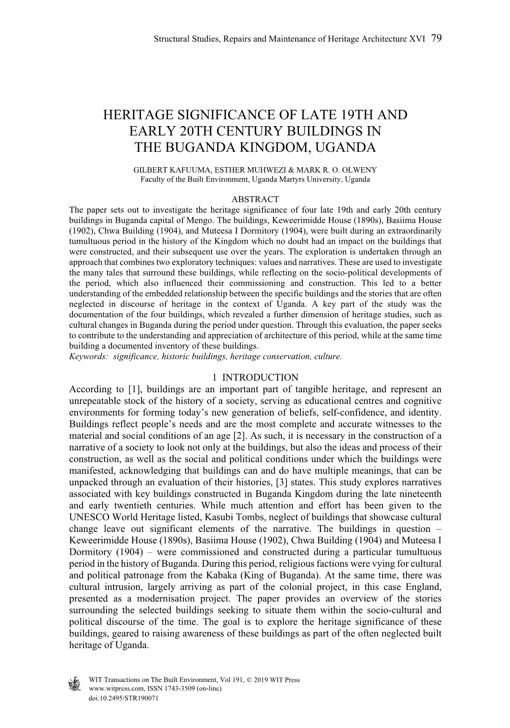 Heritage Significance of Late 19Th and Early 20Th Century Buildings in the Buganda Kingdom, Uganda