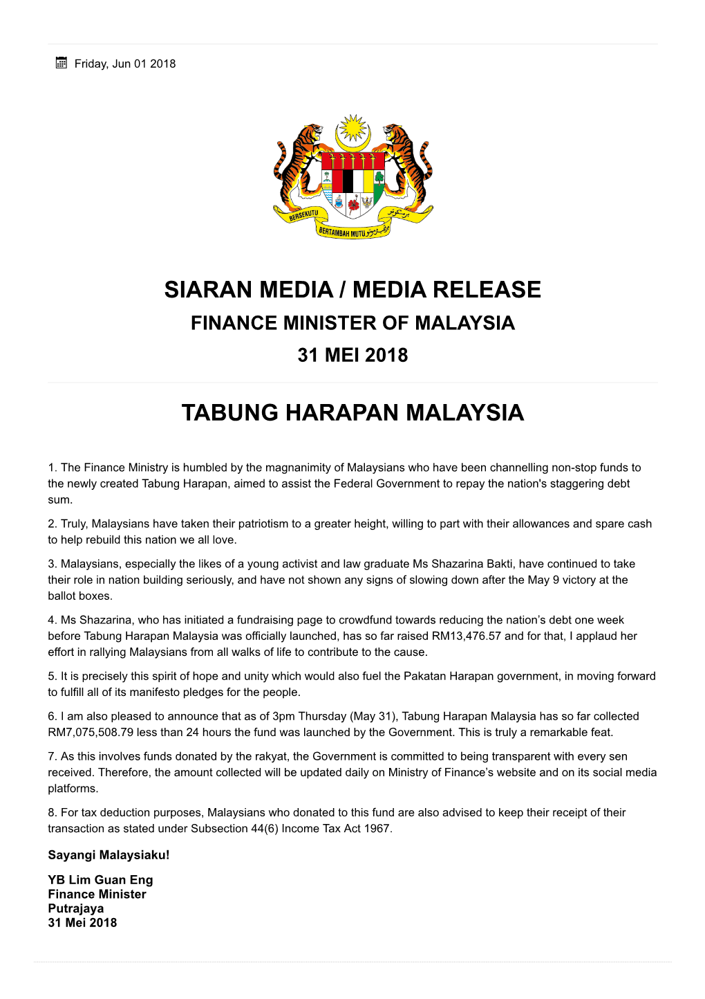 Siaran Media / Media Release Tabung Harapan Malaysia