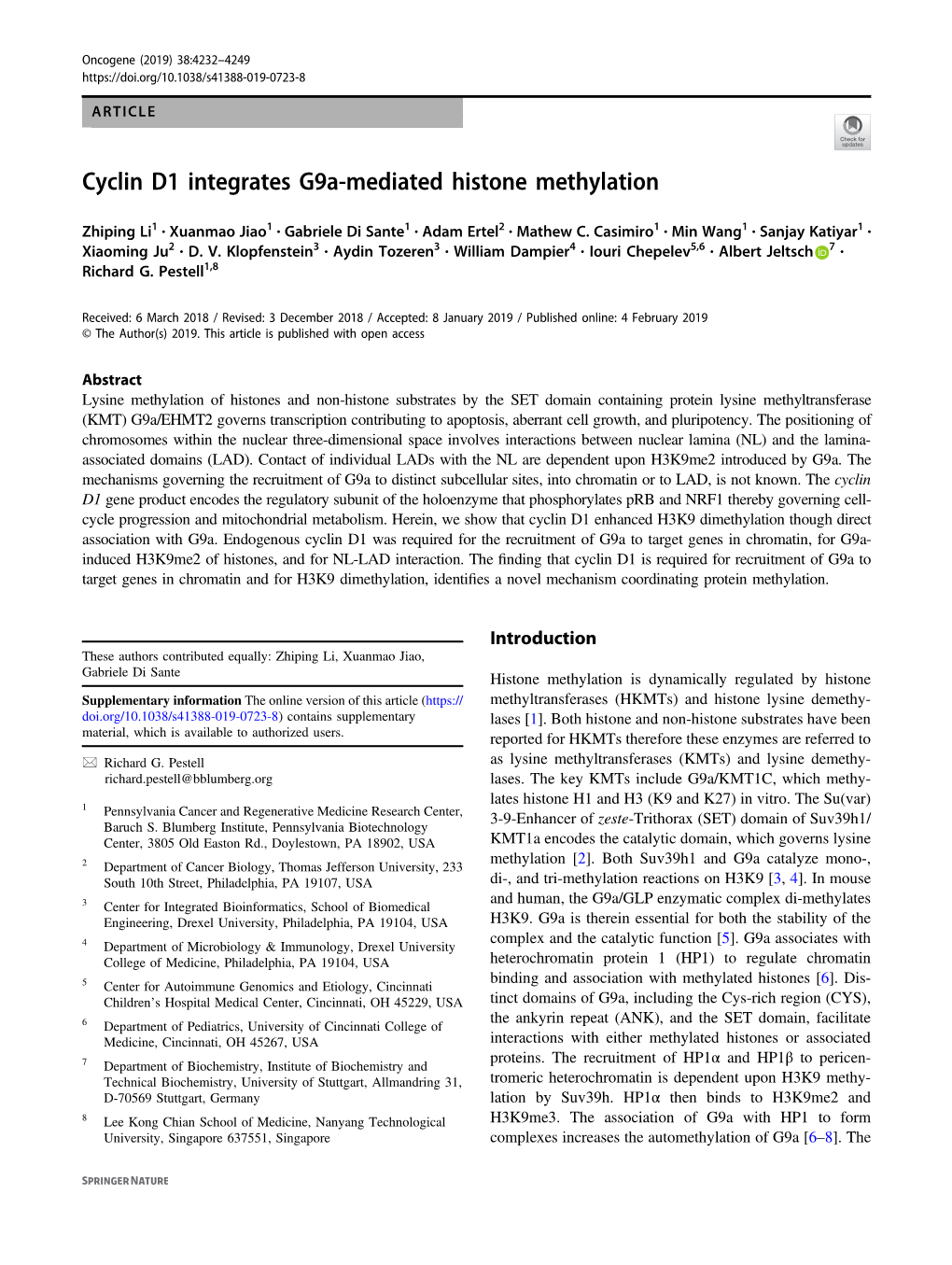 Cyclin D1 Integrates G9a-Mediated Histone Methylation