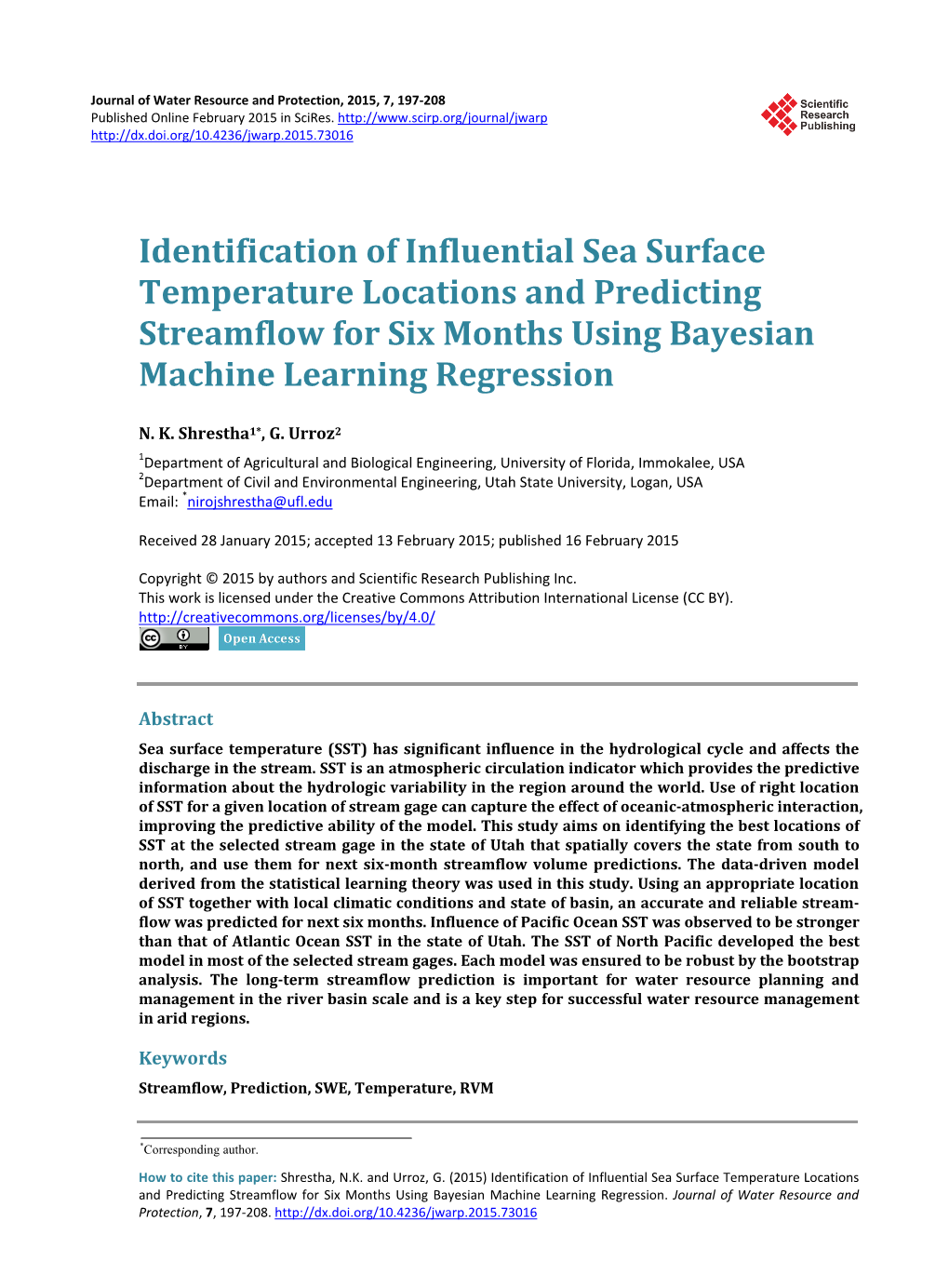 Identification of Influential Sea Surface Temperature Locations and Predicting Streamflow for Six Months Using Bayesian Machine Learning Regression