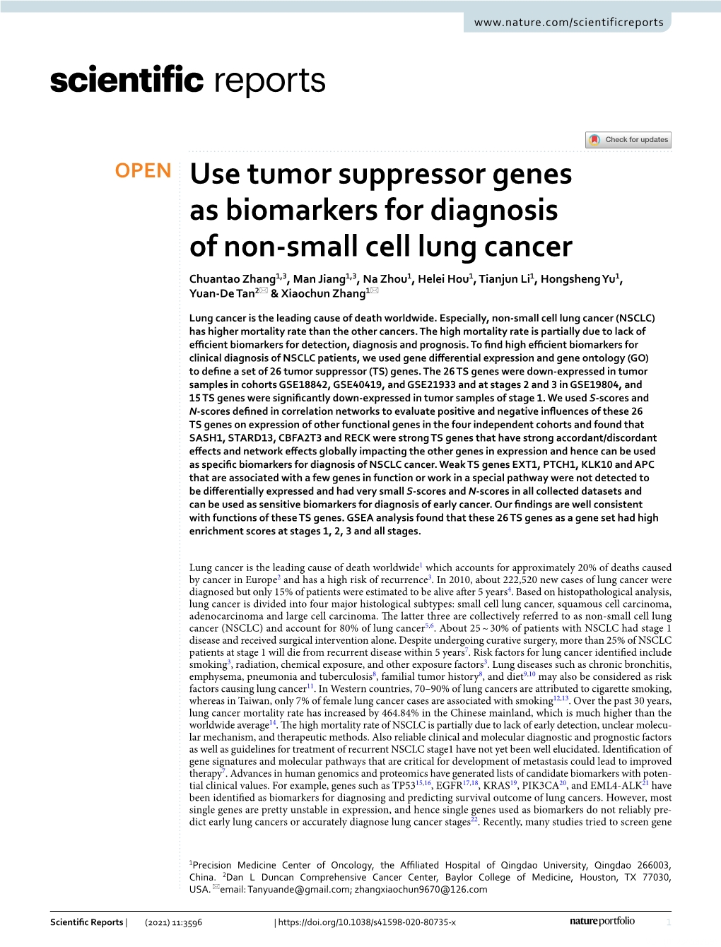 Use Tumor Suppressor Genes As Biomarkers for Diagnosis Of