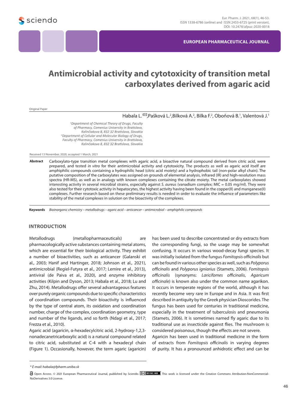 Antimicrobial Activity and Cytotoxicity of Transition Metal Carboxylates Derived from Agaric Acid