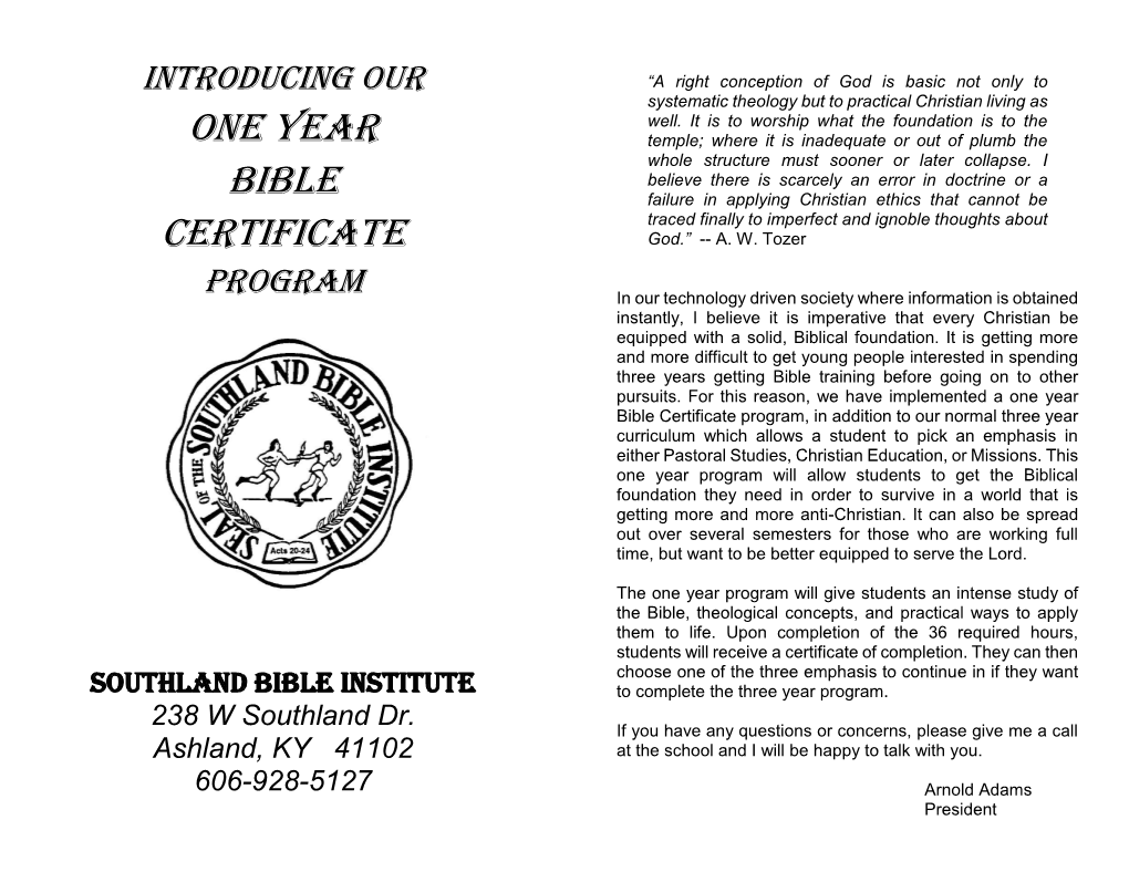 One Year Bible Certificate