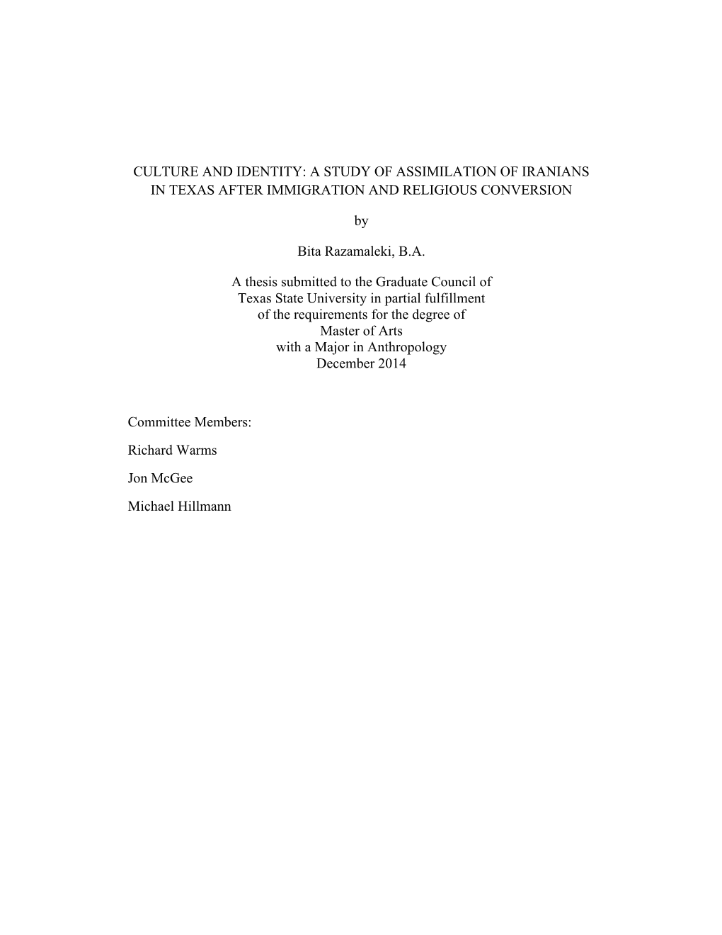 Culture and Identity: a Study of Assimilation of Iranians in Texas After Immigration and Religious Conversion