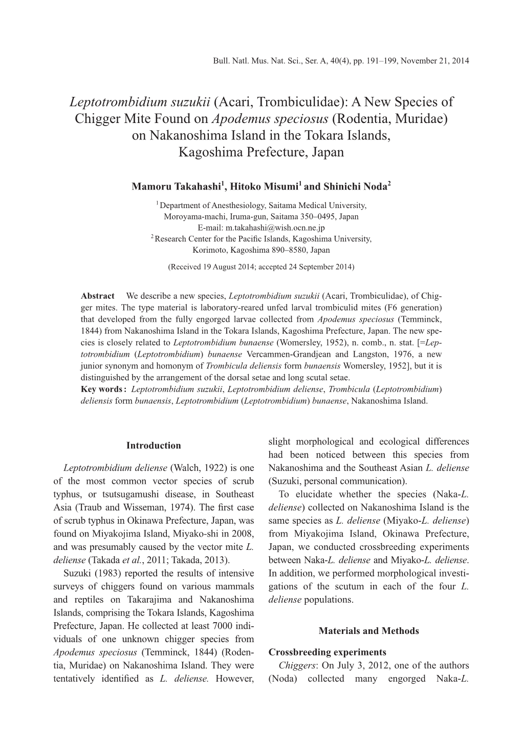 Leptotrombidium Suzukii (Acari, Trombiculidae): a New Species Of