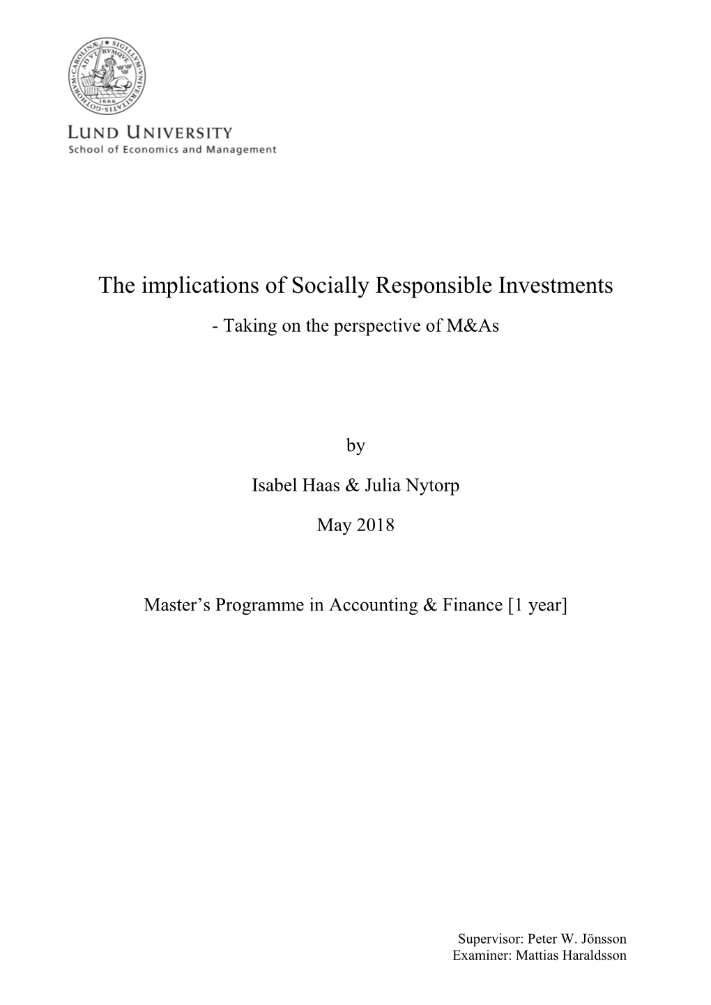 The Implications of Socially Responsible Investments - Taking on the Perspective of M&As